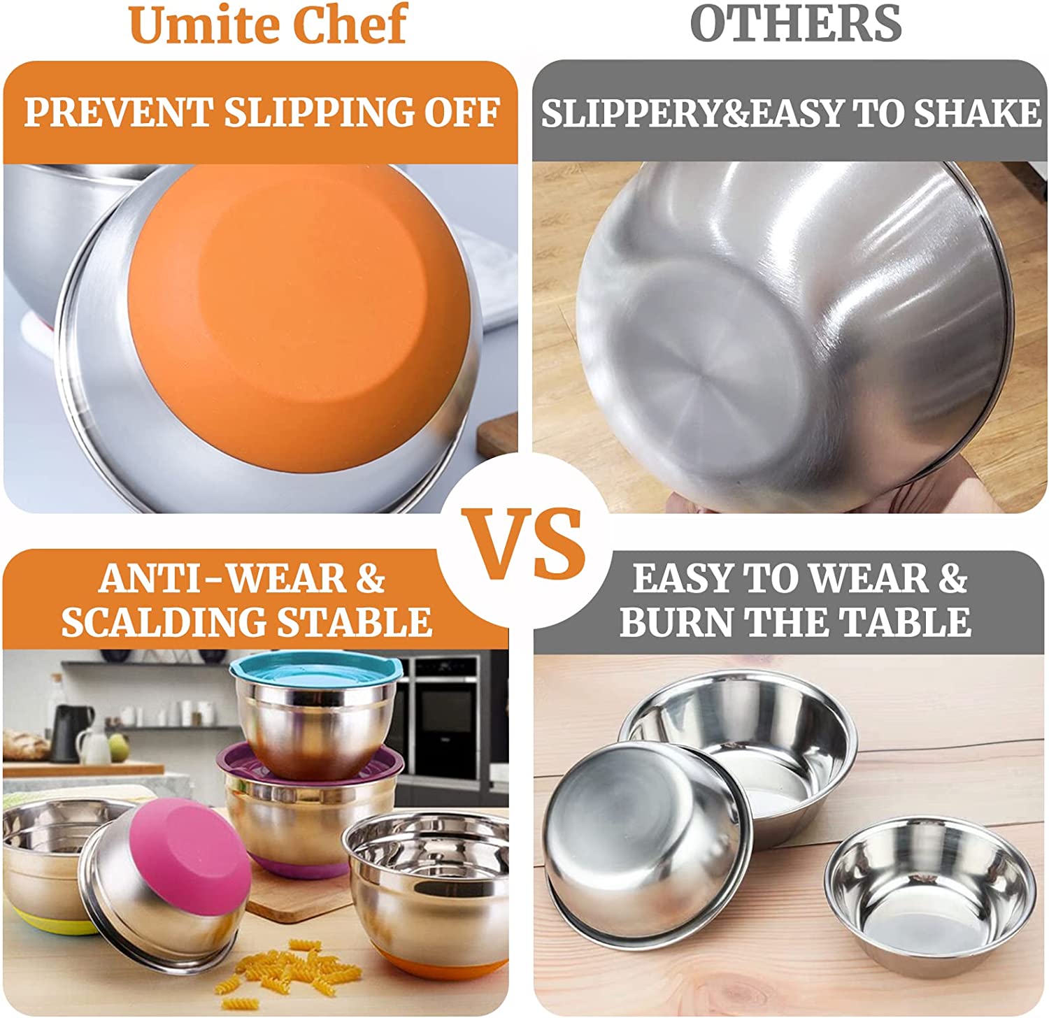 "6-Piece Stainless Steel Mixing Bowl Set with Colorful Lids"

"Non-Slip Silicone Base Stainless Mixing Bowls for Baking and Prep"

"Nesting Stainless Steel Bowls with BPA-Free Lids for Food Storage"

"Durable and Lightweight Mixing Bowls Set for Kitchen Use"

"Color Coded Lids Stainless Steel Prep Bowls Set"

