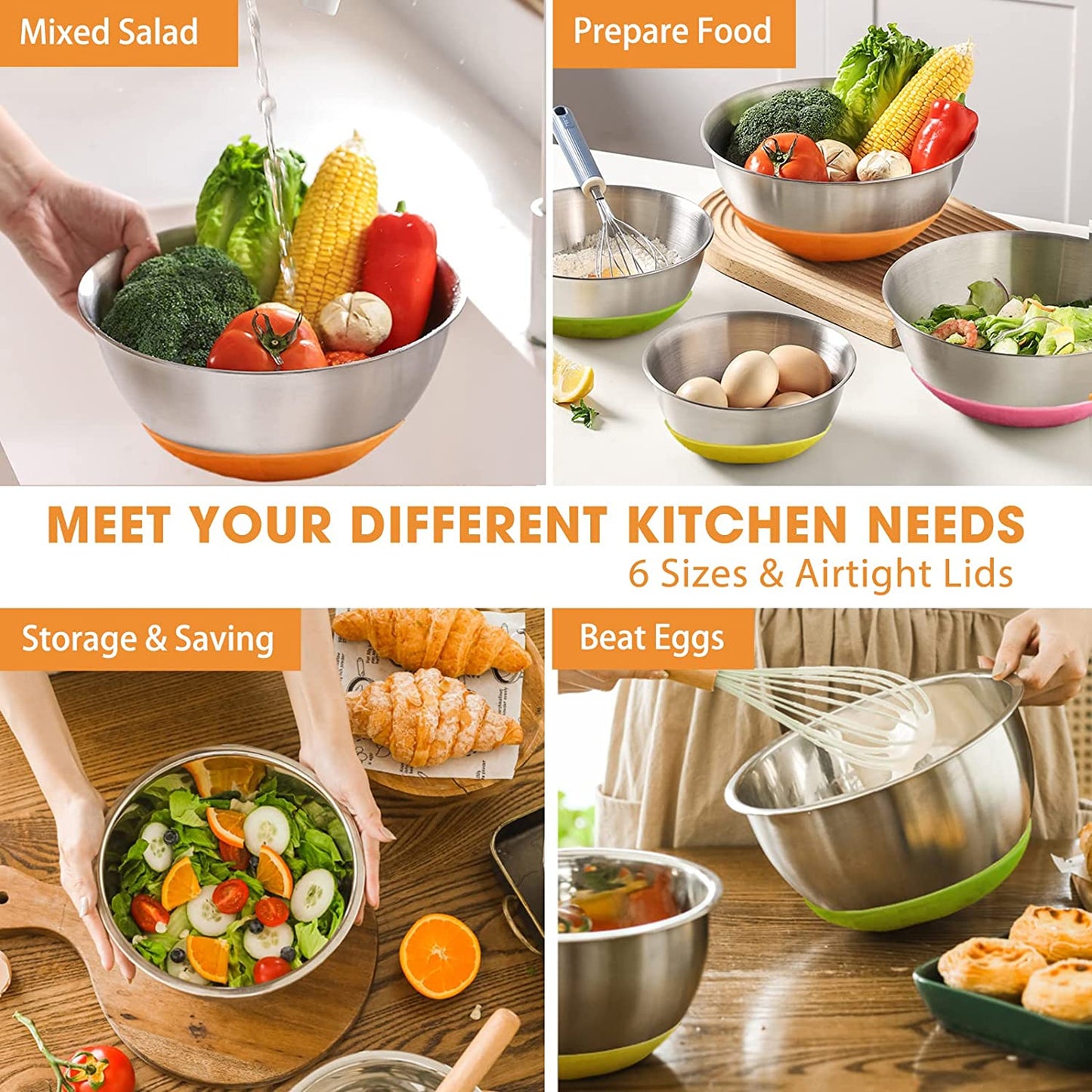 "6-Piece Stainless Steel Mixing Bowl Set with Colorful Lids"

"Non-Slip Silicone Base Stainless Mixing Bowls for Baking and Prep"

"Nesting Stainless Steel Bowls with BPA-Free Lids for Food Storage"

"Durable and Lightweight Mixing Bowls Set for Kitchen Use"

"Color Coded Lids Stainless Steel Prep Bowls Set"

