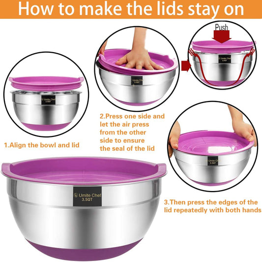 "6-Piece Stainless Steel Mixing Bowl Set with Colorful Lids"

"Non-Slip Silicone Base Stainless Mixing Bowls for Baking and Prep"

"Nesting Stainless Steel Bowls with BPA-Free Lids for Food Storage"

"Durable and Lightweight Mixing Bowls Set for Kitchen Use"

"Color Coded Lids Stainless Steel Prep Bowls Set"

