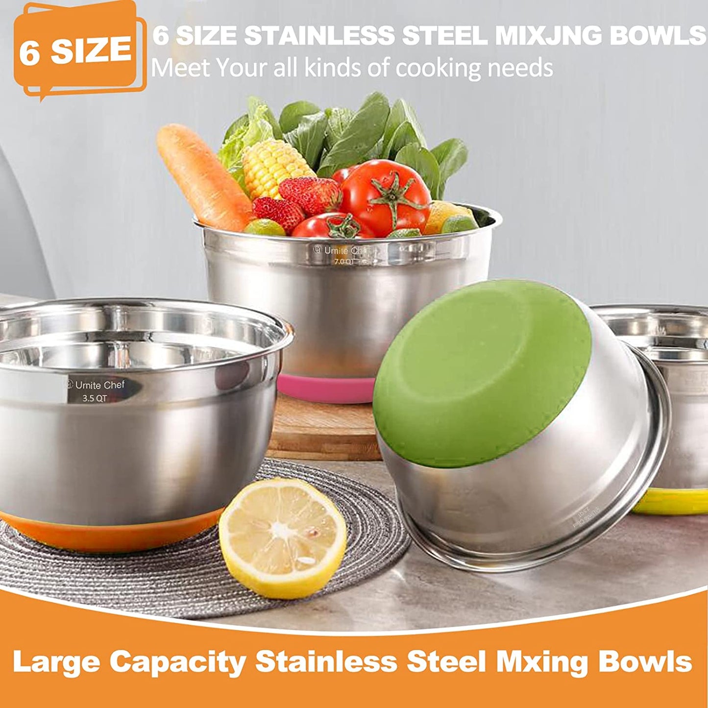 "6-Piece Stainless Steel Mixing Bowl Set with Colorful Lids"

"Non-Slip Silicone Base Stainless Mixing Bowls for Baking and Prep"

"Nesting Stainless Steel Bowls with BPA-Free Lids for Food Storage"

"Durable and Lightweight Mixing Bowls Set for Kitchen Use"

"Color Coded Lids Stainless Steel Prep Bowls Set"

