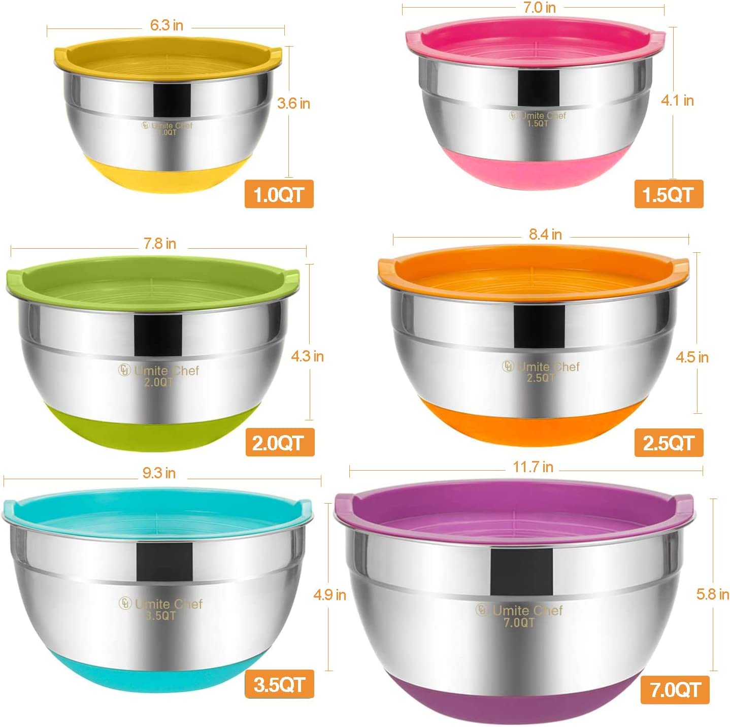 "6-Piece Stainless Steel Mixing Bowl Set with Colorful Lids"

"Non-Slip Silicone Base Stainless Mixing Bowls for Baking and Prep"

"Nesting Stainless Steel Bowls with BPA-Free Lids for Food Storage"

"Durable and Lightweight Mixing Bowls Set for Kitchen Use"

"Color Coded Lids Stainless Steel Prep Bowls Set"

