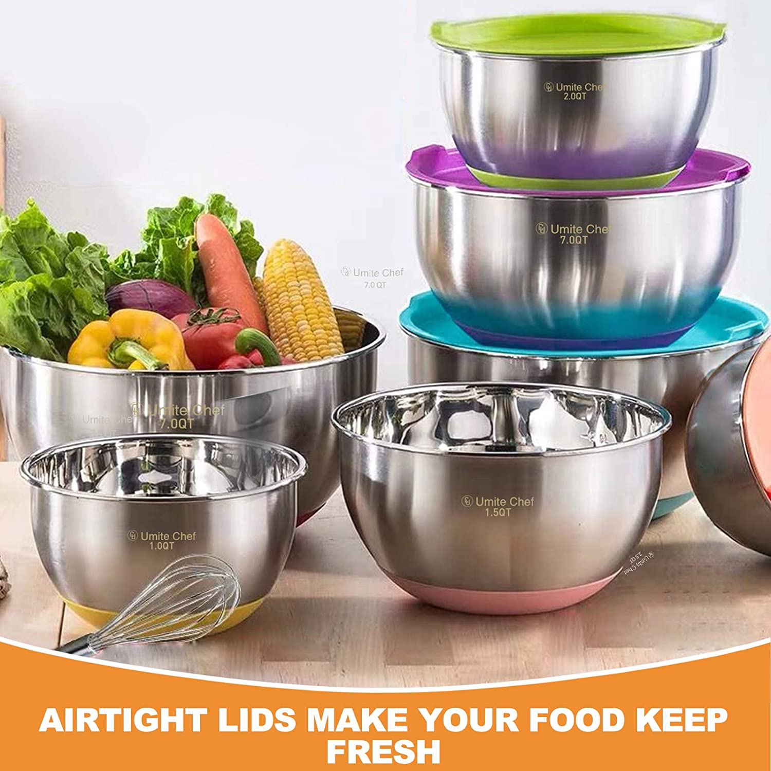 "6-Piece Stainless Steel Mixing Bowl Set with Colorful Lids"

"Non-Slip Silicone Base Stainless Mixing Bowls for Baking and Prep"

"Nesting Stainless Steel Bowls with BPA-Free Lids for Food Storage"

"Durable and Lightweight Mixing Bowls Set for Kitchen Use"

"Color Coded Lids Stainless Steel Prep Bowls Set"

