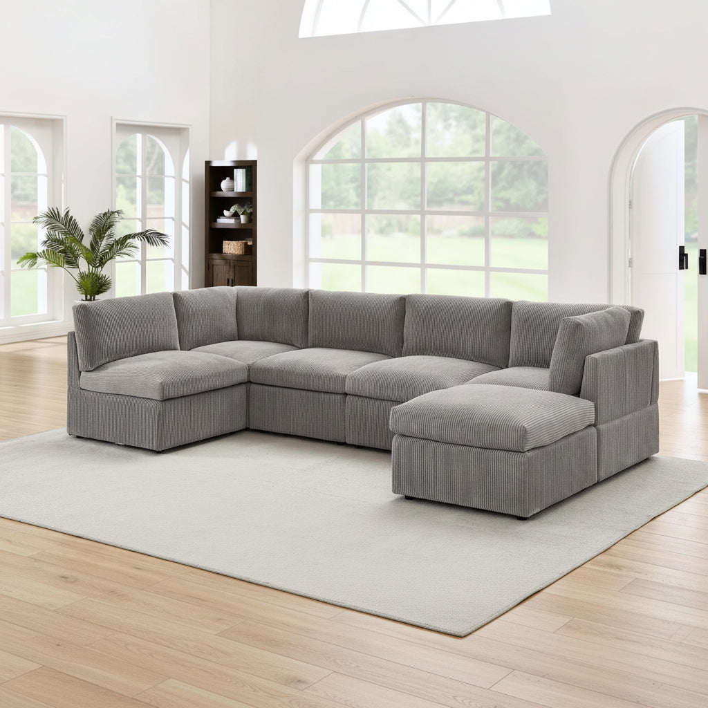 6-Piece Corduroy Sectional Sofa in Dark Gray – Front View

Modular Living Room Sofa Set with Plush Ribbed Upholstery

Light Gray Corduroy Sectional Sofa – Modern Design

Configurable Corduroy Sectional Couch – 6 Pieces

Contemporary Plush Sofa with Deep Seating for Living Room