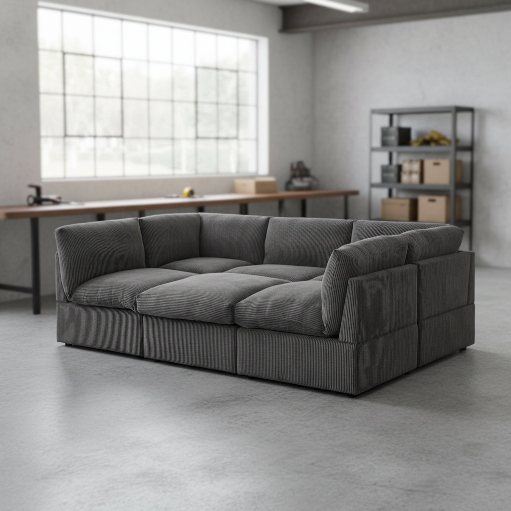 6-Piece Corduroy Sectional Sofa in Dark Gray – Front View

Modular Living Room Sofa Set with Plush Ribbed Upholstery

Light Gray Corduroy Sectional Sofa – Modern Design

Configurable Corduroy Sectional Couch – 6 Pieces

Contemporary Plush Sofa with Deep Seating for Living Room