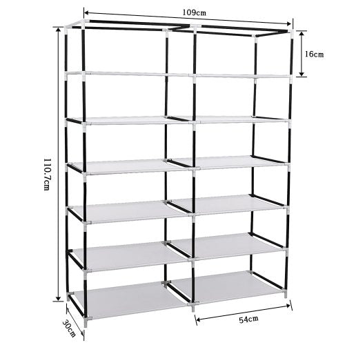 6-Shelf Freestanding Shoe Rack Organizer – Full View

Entryway Shoe Storage Unit with Black Steel Frame

Assembled Closet Organizer with Footwear

Shoe Rack in Use in Bedroom Closet

Freestanding Gray & Black 6-Shelf Shoe Organizer