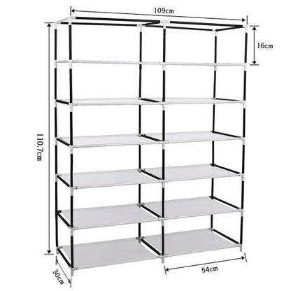 6-Shelf Freestanding Shoe Rack Organizer – Full View

Entryway Shoe Storage Unit with Black Steel Frame

Assembled Closet Organizer with Footwear

Shoe Rack in Use in Bedroom Closet

Freestanding Gray & Black 6-Shelf Shoe Organizer