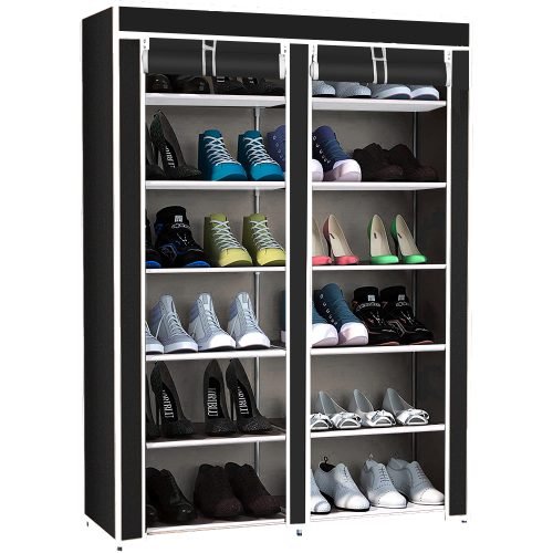 6-Shelf Freestanding Shoe Rack Organizer – Full View

Entryway Shoe Storage Unit with Black Steel Frame

Assembled Closet Organizer with Footwear

Shoe Rack in Use in Bedroom Closet

Freestanding Gray & Black 6-Shelf Shoe Organizer
