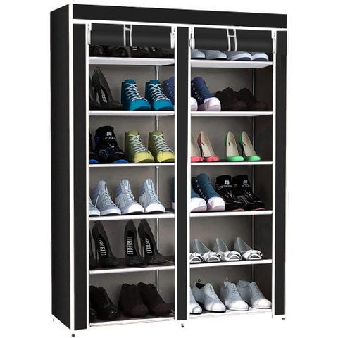 6-Shelf Freestanding Shoe Rack Organizer – Full View

Entryway Shoe Storage Unit with Black Steel Frame

Assembled Closet Organizer with Footwear

Shoe Rack in Use in Bedroom Closet

Freestanding Gray & Black 6-Shelf Shoe Organizer