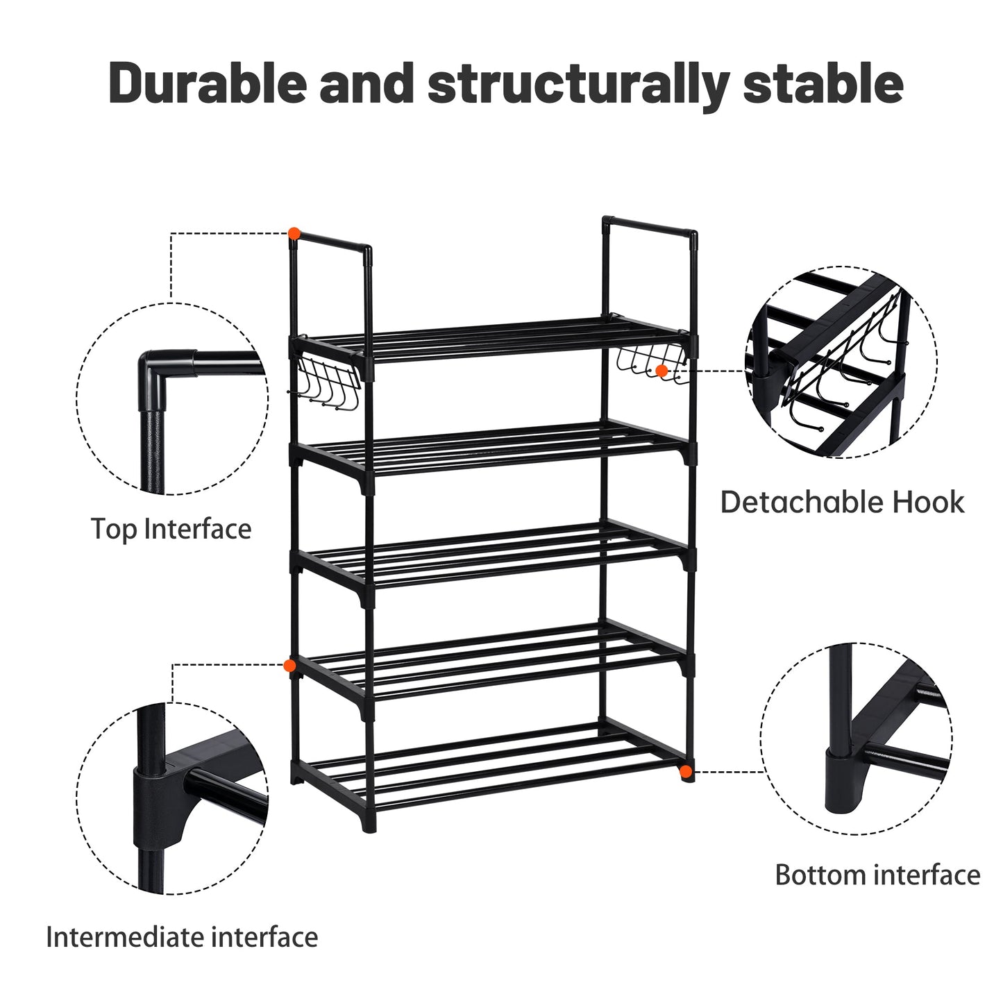 6-Shelf Freestanding Shoe Rack Organizer – Full View

Entryway Shoe Storage Unit with Black Steel Frame

Assembled Closet Organizer with Footwear

Shoe Rack in Use in Bedroom Closet

Freestanding Gray & Black 6-Shelf Shoe Organizer