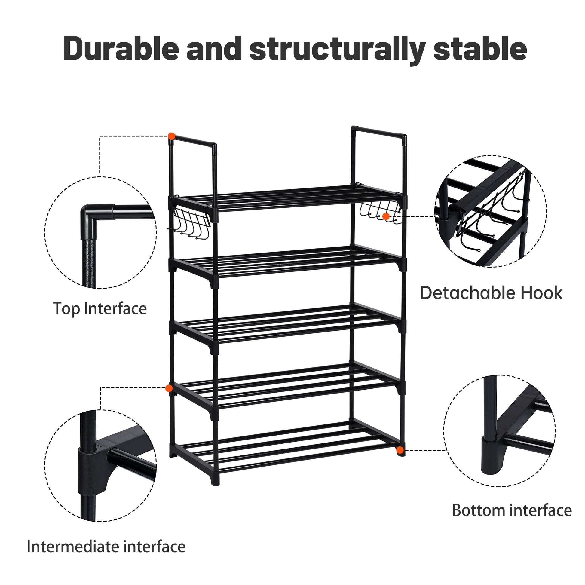 6-Shelf Freestanding Shoe Rack Organizer – Full View

Entryway Shoe Storage Unit with Black Steel Frame

Assembled Closet Organizer with Footwear

Shoe Rack in Use in Bedroom Closet

Freestanding Gray & Black 6-Shelf Shoe Organizer