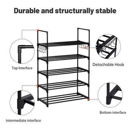 6-Shelf Freestanding Shoe Rack Organizer – Full View

Entryway Shoe Storage Unit with Black Steel Frame

Assembled Closet Organizer with Footwear

Shoe Rack in Use in Bedroom Closet

Freestanding Gray & Black 6-Shelf Shoe Organizer