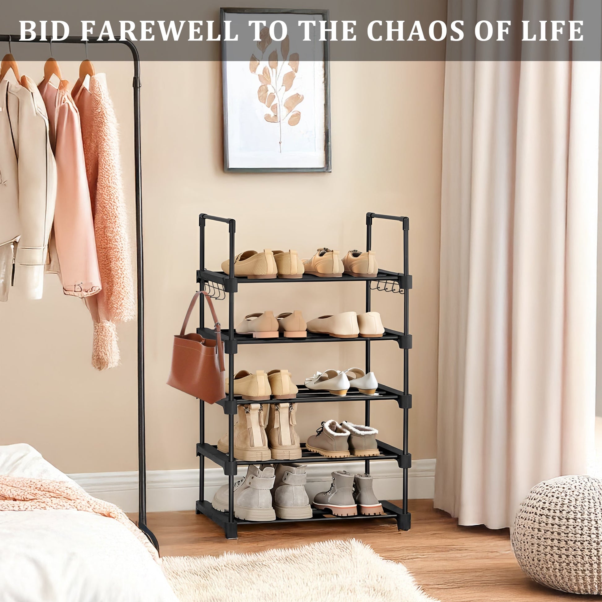 6-Shelf Freestanding Shoe Rack Organizer – Full View

Entryway Shoe Storage Unit with Black Steel Frame

Assembled Closet Organizer with Footwear

Shoe Rack in Use in Bedroom Closet

Freestanding Gray & Black 6-Shelf Shoe Organizer