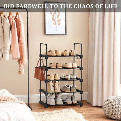 6-Shelf Freestanding Shoe Rack Organizer – Full View

Entryway Shoe Storage Unit with Black Steel Frame

Assembled Closet Organizer with Footwear

Shoe Rack in Use in Bedroom Closet

Freestanding Gray & Black 6-Shelf Shoe Organizer
