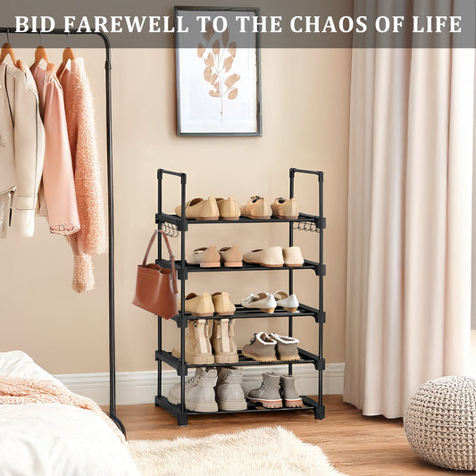 6-Shelf Freestanding Shoe Rack Organizer – Full View

Entryway Shoe Storage Unit with Black Steel Frame

Assembled Closet Organizer with Footwear

Shoe Rack in Use in Bedroom Closet

Freestanding Gray & Black 6-Shelf Shoe Organizer