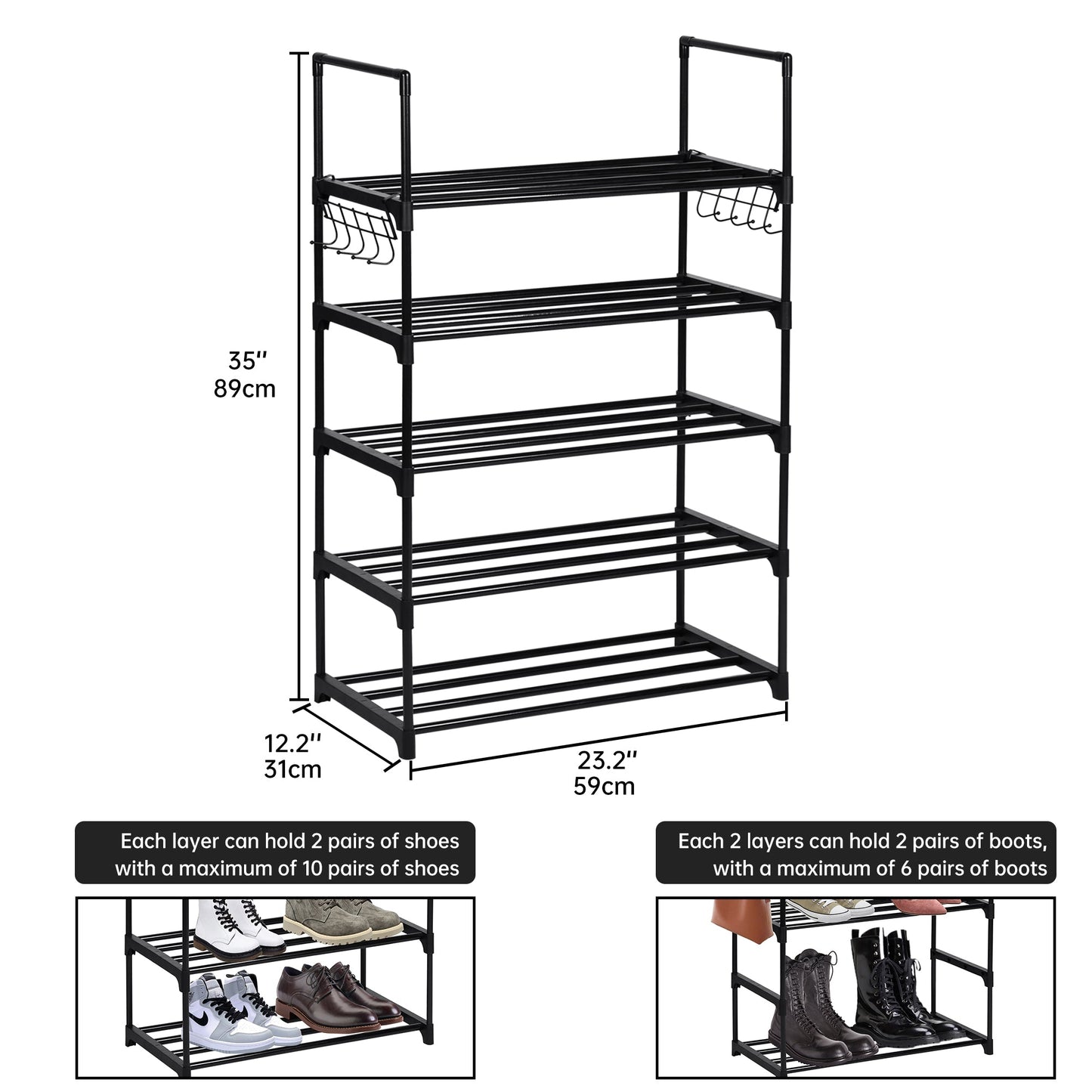 6-Shelf Freestanding Shoe Rack Organizer – Full View

Entryway Shoe Storage Unit with Black Steel Frame

Assembled Closet Organizer with Footwear

Shoe Rack in Use in Bedroom Closet

Freestanding Gray & Black 6-Shelf Shoe Organizer