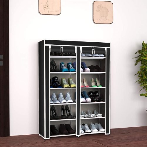 6-Shelf Freestanding Shoe Rack Organizer – Full View

Entryway Shoe Storage Unit with Black Steel Frame

Assembled Closet Organizer with Footwear

Shoe Rack in Use in Bedroom Closet

Freestanding Gray & Black 6-Shelf Shoe Organizer