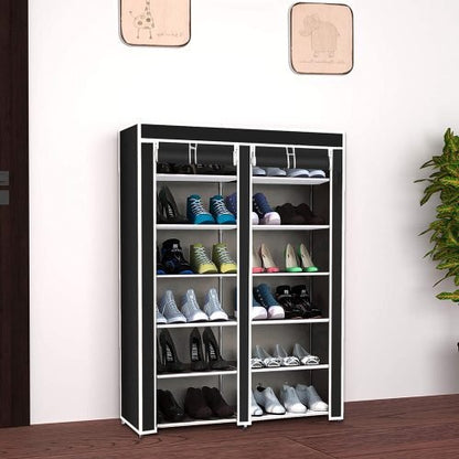 6-Shelf Freestanding Shoe Rack Organizer – Full View

Entryway Shoe Storage Unit with Black Steel Frame

Assembled Closet Organizer with Footwear

Shoe Rack in Use in Bedroom Closet

Freestanding Gray & Black 6-Shelf Shoe Organizer