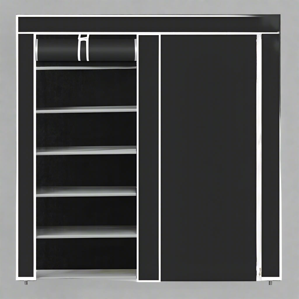 6-Shelf Freestanding Shoe Rack Organizer – Full View

Entryway Shoe Storage Unit with Black Steel Frame

Assembled Closet Organizer with Footwear

Shoe Rack in Use in Bedroom Closet

Freestanding Gray & Black 6-Shelf Shoe Organizer