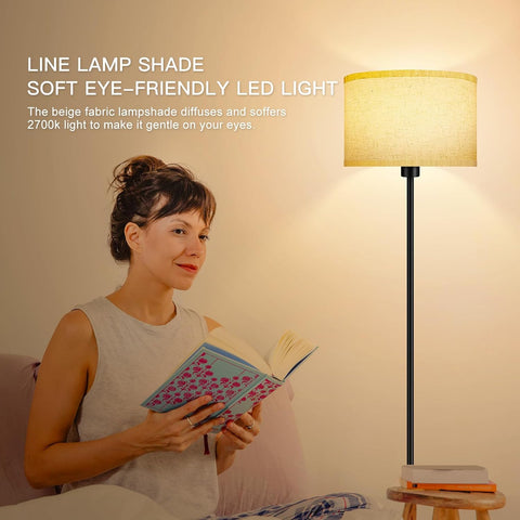 60 inch LED floor lamp with beige fabric shade

modern standing lamp for living room lighting

warm white 2700K LED reading lamp

tall bedroom lamp with metal stand and shade

decorative LED lamp for corners and nooks

