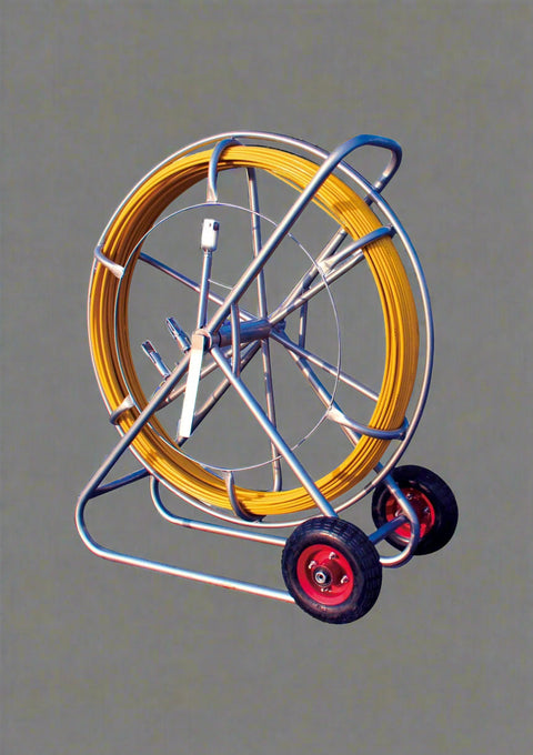 "600-foot fiberglass duct rodder on steel frame"

"heavy-duty cable pulling fish tape for electricians"

"yellow fiberglass wire rodder with wheels"

"8mm and 4mm fiberglass rodder models"

"telecom and electrical conduit pulling tool"