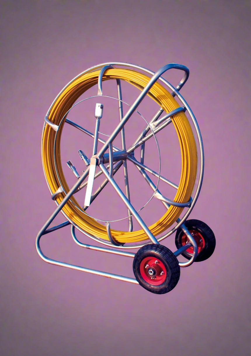 "600-foot fiberglass duct rodder on steel frame"

"heavy-duty cable pulling fish tape for electricians"

"yellow fiberglass wire rodder with wheels"

"8mm and 4mm fiberglass rodder models"

"telecom and electrical conduit pulling tool"
