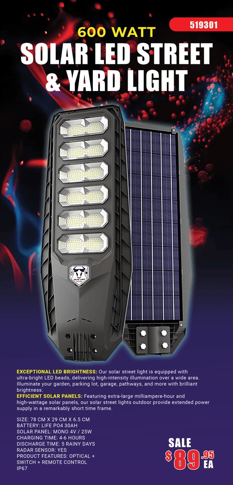 New 600W Solar LED Street & Yard Light – Dusk to Dawn Outdoor Security Lamp with Remote Control & Motion Sensor 519301 - with | Sold by Uncle Wiener's Wholesale