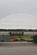 60x80 FT heavy-duty double truss container shelter with 30 oz PVC fabric cover – industrial storage structure