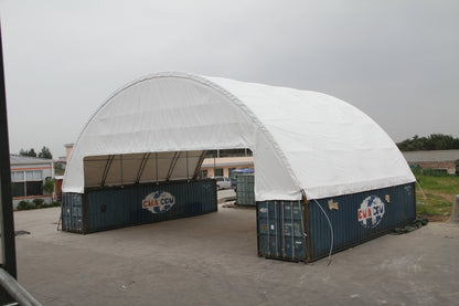 60x80 FT heavy-duty double truss container shelter with 30 oz PVC fabric cover – industrial storage structure