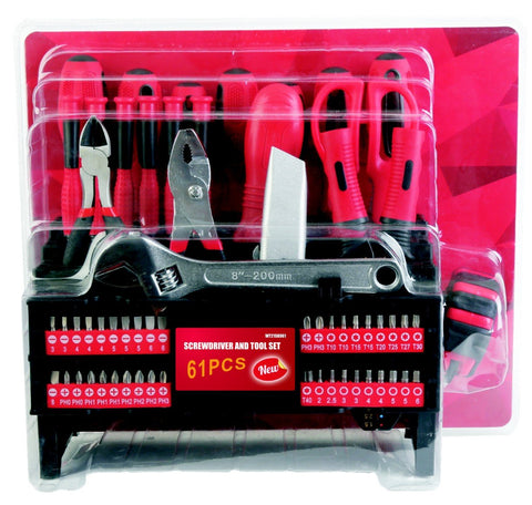 New 61 - Piece Tool Kit with Storage Rack – Hand Tools, Screwdrivers, Bits, Pliers, Wrench, Precision Set - with | Sold by Uncle Wiener's Wholesale