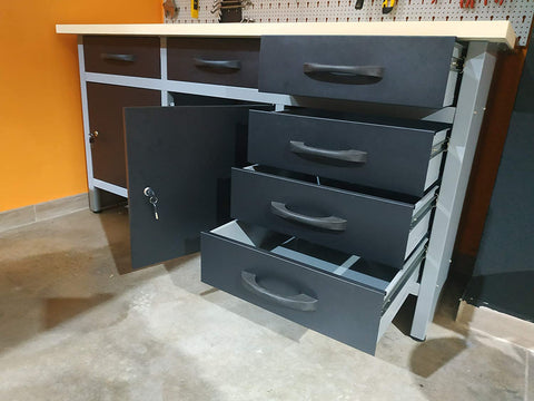 63-inch metal workbench with drawers and cabinets
heavy-duty garage workbench for tool storage
black and grey metal tool organizer with shock-resistant top
workbench with lockable cabinets and ball-bearing drawers
modular metal workbench for workshop or warehouse use