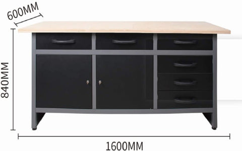63-inch metal workbench with drawers and cabinets
heavy-duty garage workbench for tool storage
black and grey metal tool organizer with shock-resistant top
workbench with lockable cabinets and ball-bearing drawers
modular metal workbench for workshop or warehouse use