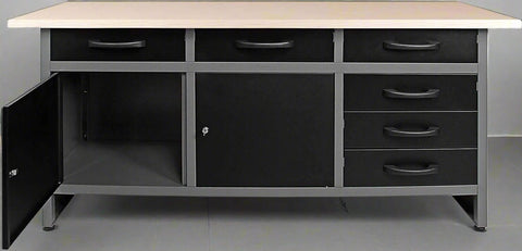 63-inch metal workbench with drawers and cabinets
heavy-duty garage workbench for tool storage
black and grey metal tool organizer with shock-resistant top
workbench with lockable cabinets and ball-bearing drawers
modular metal workbench for workshop or warehouse use