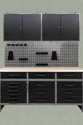 red metal tool bench with pegboard and cabinets
63-inch garage workbench for tool storage
black tool bench with drawers and upper cabinet
garage storage system with pegboard and drawers
workshop tool bench red and black finish
