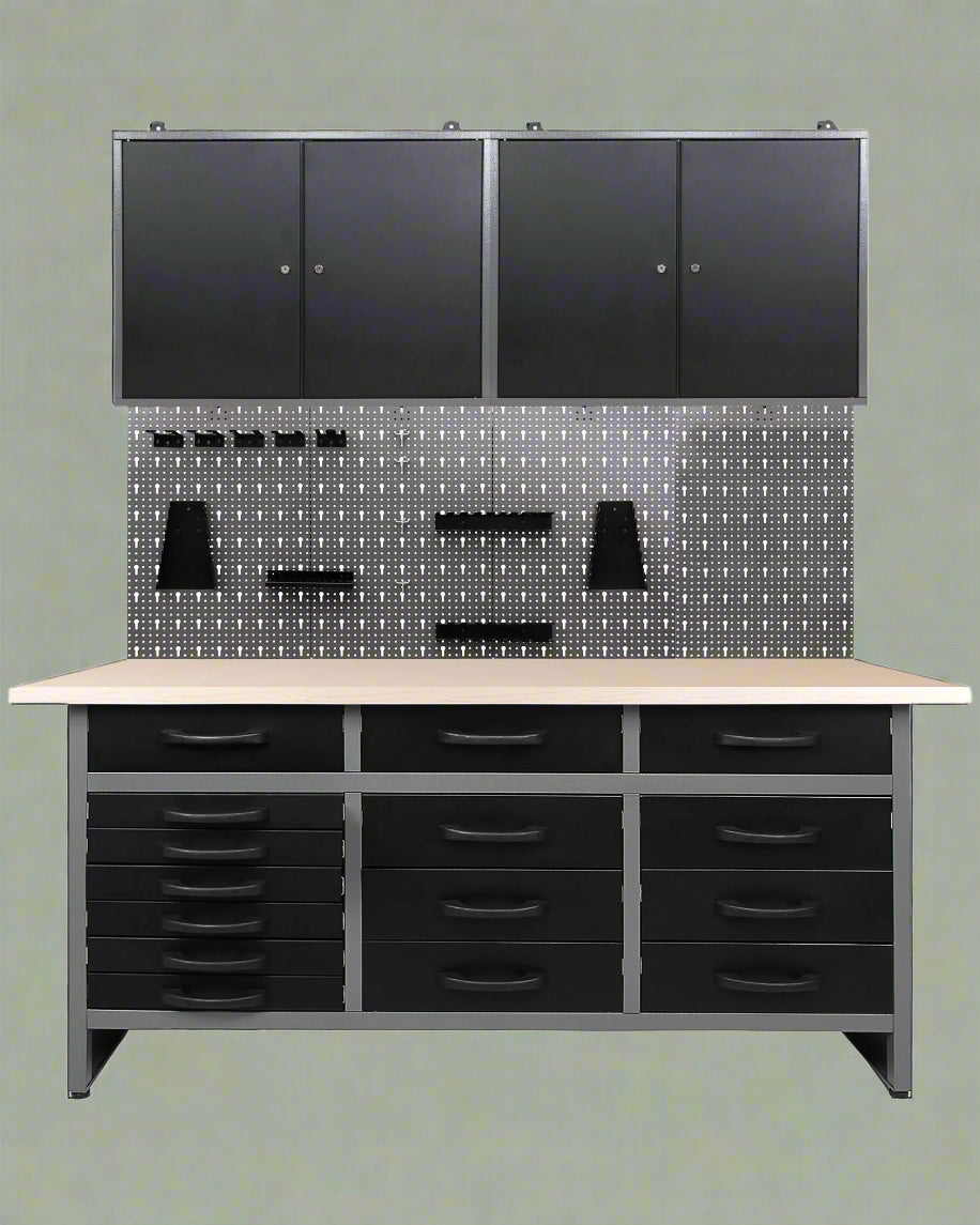 red metal tool bench with pegboard and cabinets
63-inch garage workbench for tool storage
black tool bench with drawers and upper cabinet
garage storage system with pegboard and drawers
workshop tool bench red and black finish
