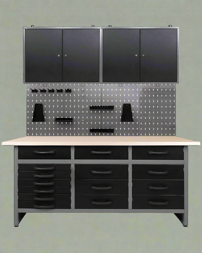 red metal tool bench with pegboard and cabinets
63-inch garage workbench for tool storage
black tool bench with drawers and upper cabinet
garage storage system with pegboard and drawers
workshop tool bench red and black finish