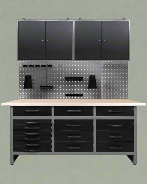 red metal tool bench with pegboard and cabinets
63-inch garage workbench for tool storage
black tool bench with drawers and upper cabinet
garage storage system with pegboard and drawers
workshop tool bench red and black finish