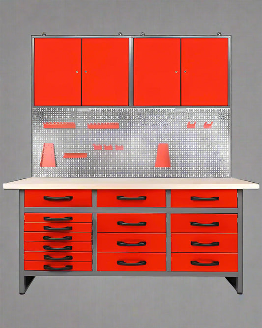 red metal tool bench with pegboard and cabinets
63-inch garage workbench for tool storage
black tool bench with drawers and upper cabinet
garage storage system with pegboard and drawers
workshop tool bench red and black finish