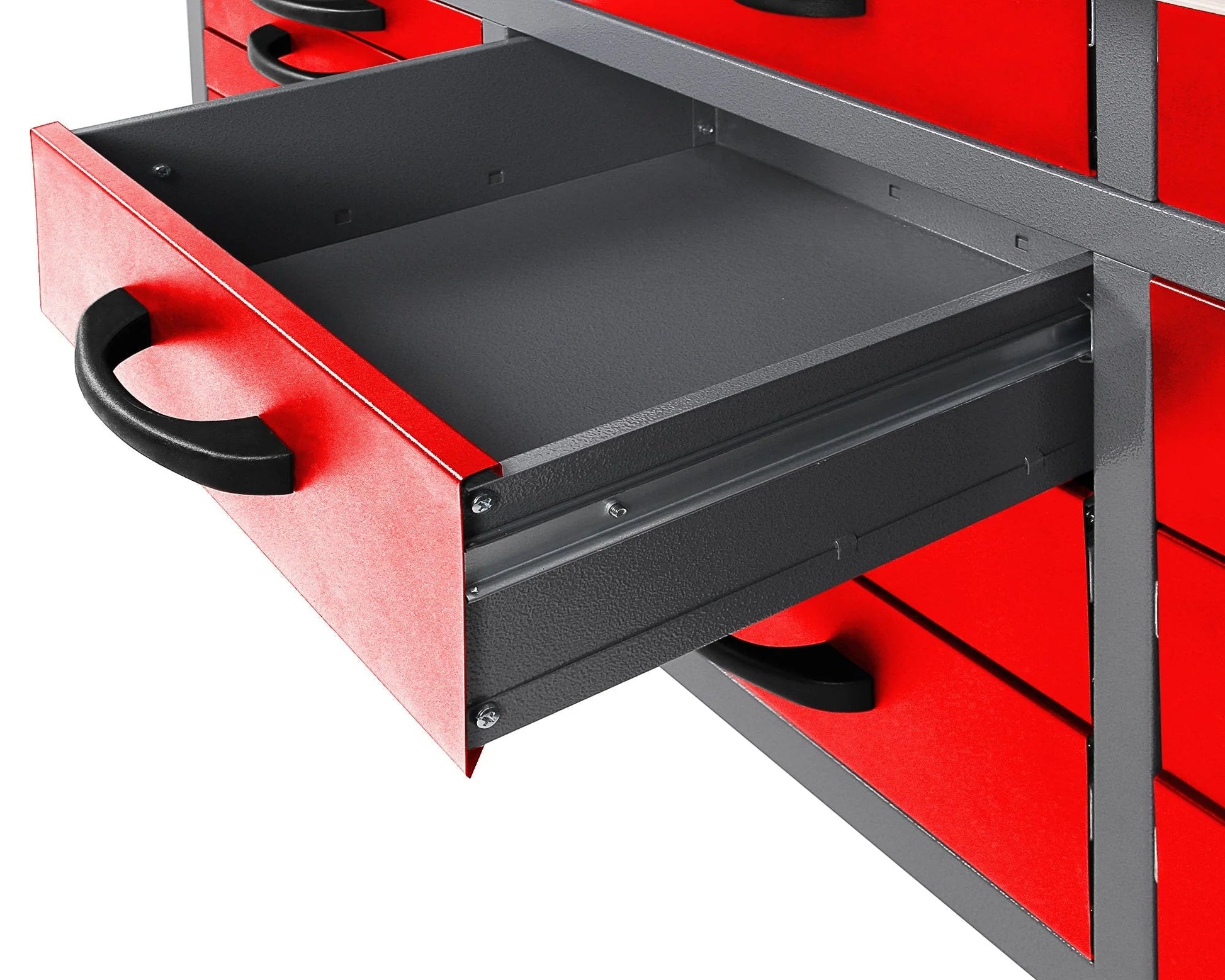 red metal tool bench with pegboard and cabinets
63-inch garage workbench for tool storage
black tool bench with drawers and upper cabinet
garage storage system with pegboard and drawers
workshop tool bench red and black finish
