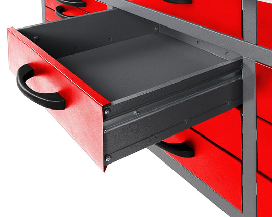 red metal tool bench with pegboard and cabinets
63-inch garage workbench for tool storage
black tool bench with drawers and upper cabinet
garage storage system with pegboard and drawers
workshop tool bench red and black finish