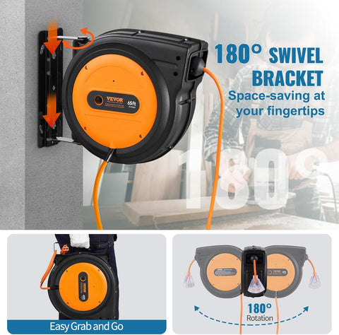 65FT Retractable Extension Cord Reel – 12 AWG Heavy Duty Cable with Triple Outlet and LED Light for Garage or Workshop