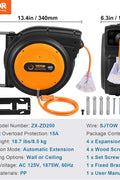 65FT Retractable Extension Cord Reel – 12 AWG Heavy Duty Cable with Triple Outlet and LED Light for Garage or Workshop