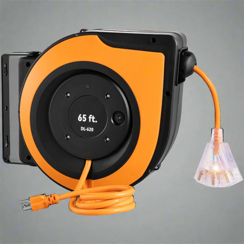 65FT Retractable Extension Cord Reel – 12 AWG Heavy Duty Cable with Triple Outlet and LED Light for Garage or Workshop