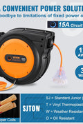 65FT Retractable Extension Cord Reel – 12 AWG Heavy Duty Cable with Triple Outlet and LED Light for Garage or Workshop