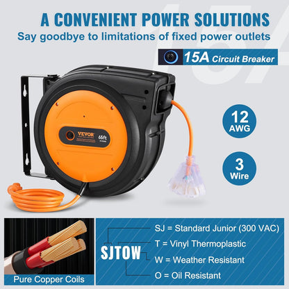 65FT Retractable Extension Cord Reel – 12 AWG Heavy Duty Cable with Triple Outlet and LED Light for Garage or Workshop