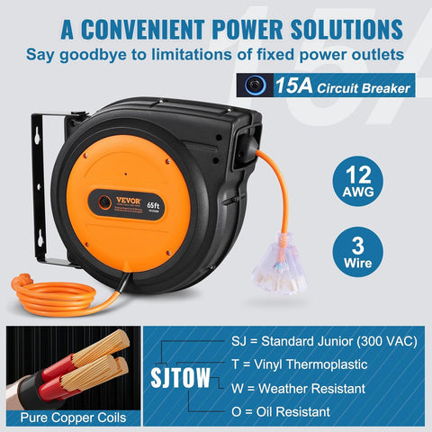 65FT Retractable Extension Cord Reel – 12 AWG Heavy Duty Cable with Triple Outlet and LED Light for Garage or Workshop