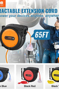 65FT Retractable Extension Cord Reel – 12 AWG Heavy Duty Cable with Triple Outlet and LED Light for Garage or Workshop
