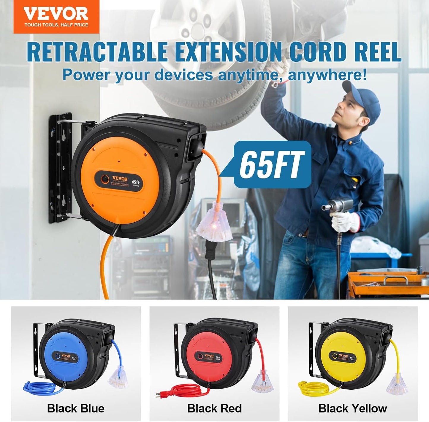 65FT Retractable Extension Cord Reel – 12 AWG Heavy Duty Cable with Triple Outlet and LED Light for Garage or Workshop