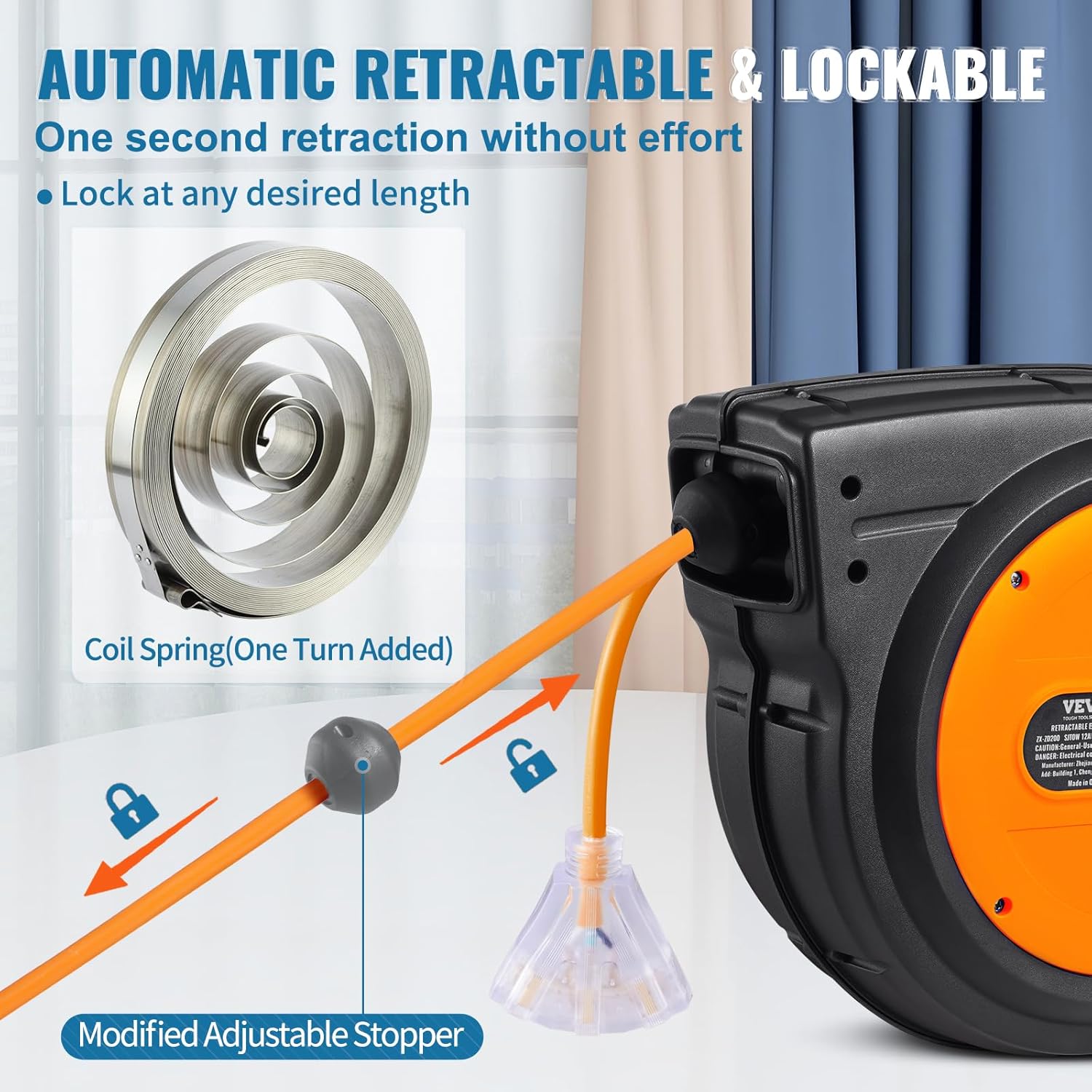65FT Retractable Extension Cord Reel – 12 AWG Heavy Duty Cable with Triple Outlet and LED Light for Garage or Workshop