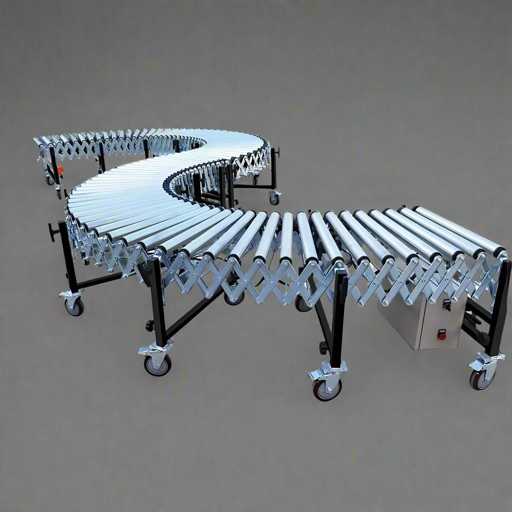 65 FT Expandable Electric Roller Conveyor with Powered Rollers

Close-up of roller segments and stainless steel frame

Adjustable legs with locking casters for stable movement

Extended conveyor system view – ideal for material handling

Compacted conveyor system showing portability and storage mode
