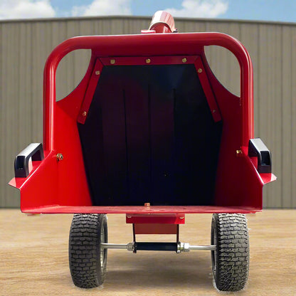 6.5 HP Wood Chipper with Briggs & Stratton engine – side view
Red GS100 wood chipper – front chute and wheels
Compact gasoline-powered wood chipper in garage setup
Rear view of GS100 chipper with large discharge chute